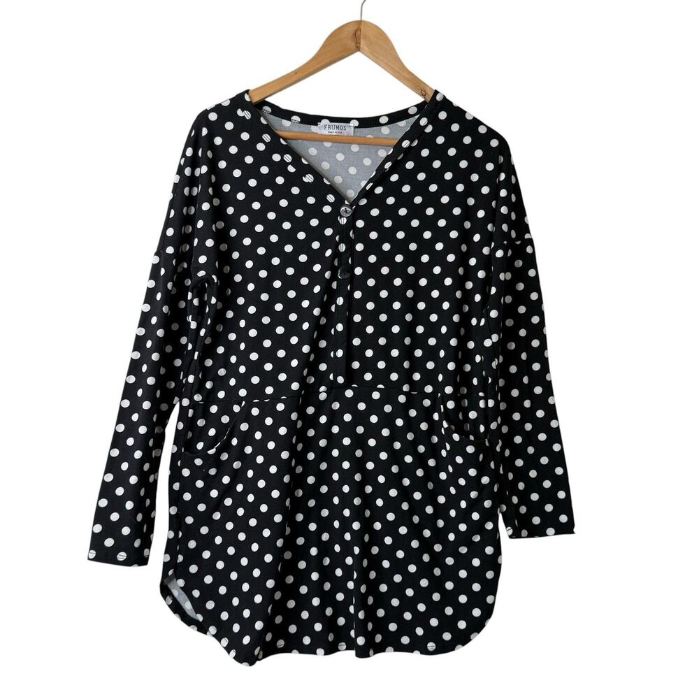 Frumos Boutique Tunic Top M Black White Polka Dot Pockets Minimal Classic Retro